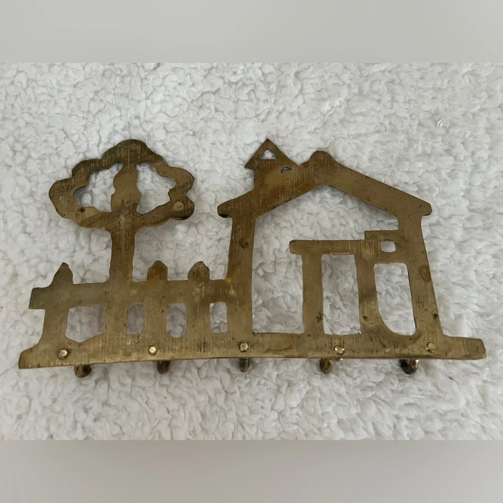 Vintage Solid Brass 5- Hook Key Holder House and Tree Wall Mount